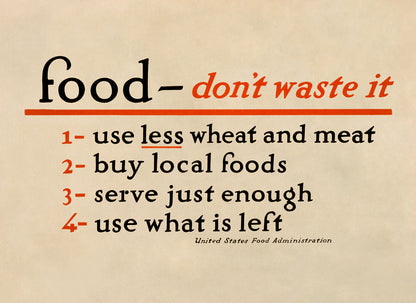 Don't Waste Food Checklist Wartime Food Rationing Poster,  Vintage Style 1917 World War One Print