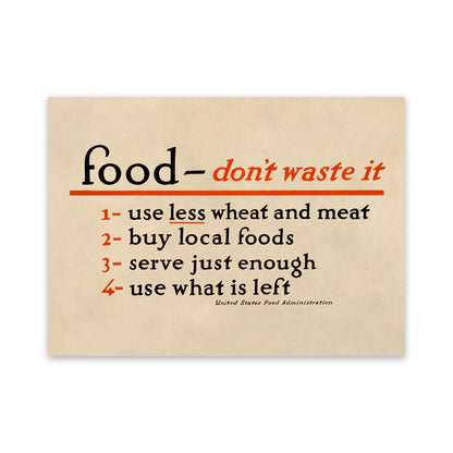 Don't Waste Food Checklist Wartime Food Rationing Poster,  Vintage Style 1917 World War One Print