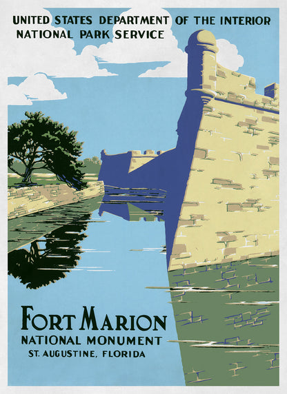 Fort Marion National Park Travel Poster, Vintage Style 1930s Florida Travel Advertisement Print