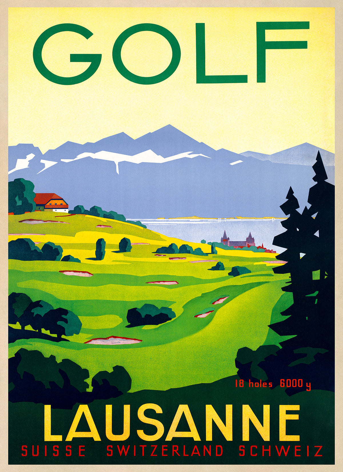 Lausanne Switzerland Travel Poster, Vintage Style 1900s Swiss Golfing Travel Advertisement Print