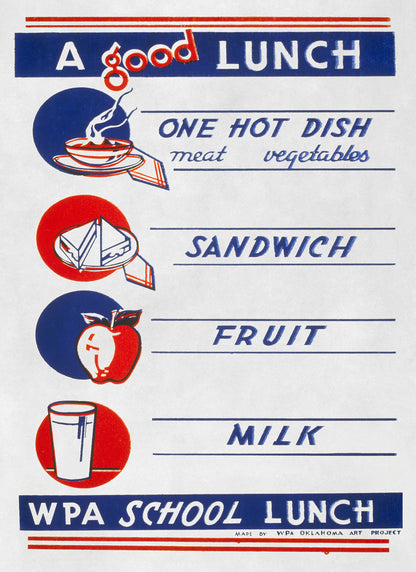 Healthy School Lunch List WPA Federal Art Project Poster, Vintage Style 1930s Works Progress Administration Print