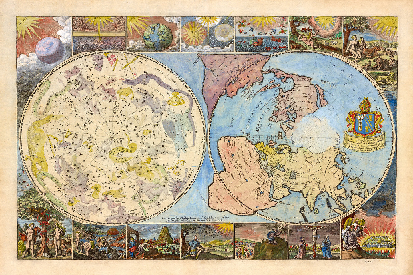 Heaven and Earth Antique 1600s World Map, Biblical and Celestial Illustration Print