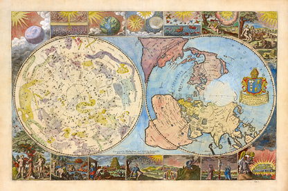 Heaven and Earth Antique 1600s World Map, Biblical and Celestial Illustration Print