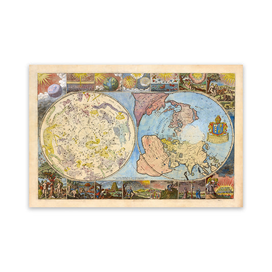 Heaven and Earth Antique 1600s World Map, Biblical and Celestial Illustration Print