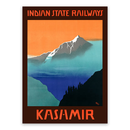 Kashmir India Travel Poster, Vintage Style 1900s Indian Railways Travel Advertisement Print