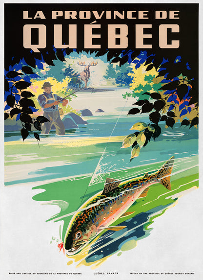 Quebec Canada Fishing Travel Poster, Vintage Style 1930s Canadian Travel Advertisement Print