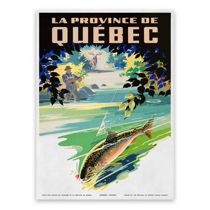 Quebec Canada Fishing Travel Poster, Vintage Style 1930s Canadian Travel Advertisement Print