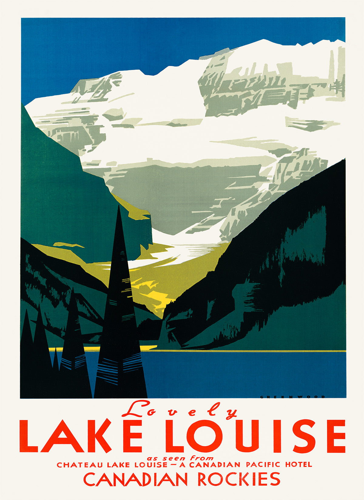 Lake Louise Alberta Canada Travel Poster, Vintage Style 1930s Canadian Travel Advertisement Print