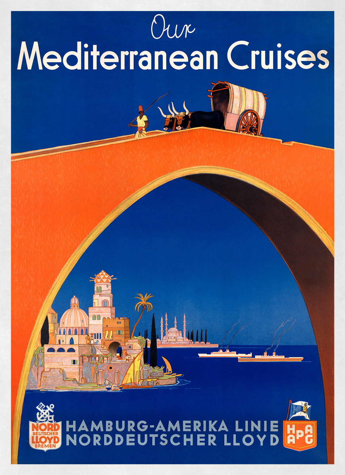 German Cruise Ship Travel Poster, Vintage Style 1900s Mediterranean Travel Advertisement Print