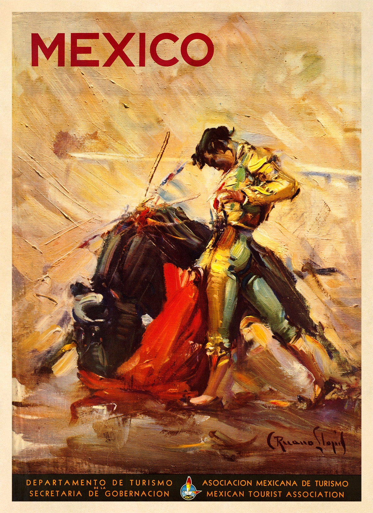 Mexico Bullfighter Travel Poster, Vintage Style 1940s Mexican Matador Travel Advertisement Print