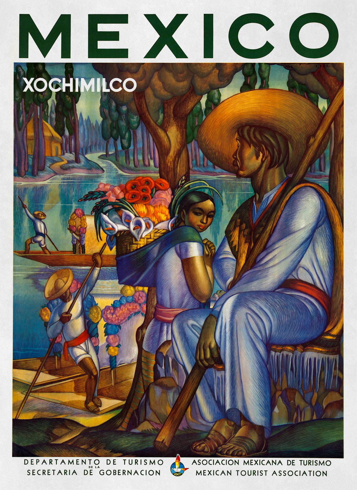 Xochimilco Mexico Travel Poster, Vintage Style 1900s Mexican Tourism Advertisement Print