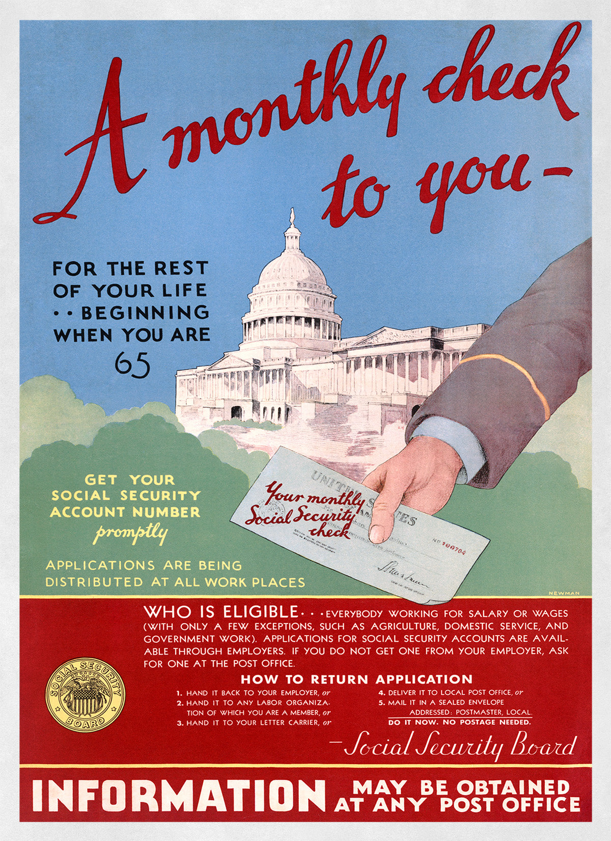 Old Social Security Promotional Poster, Vintage Style 1930s Government Print