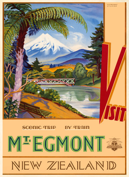 Mt Egmont New Zealand Travel Poster, Vintage Style 1930s Railroad Travel Advertisement Print