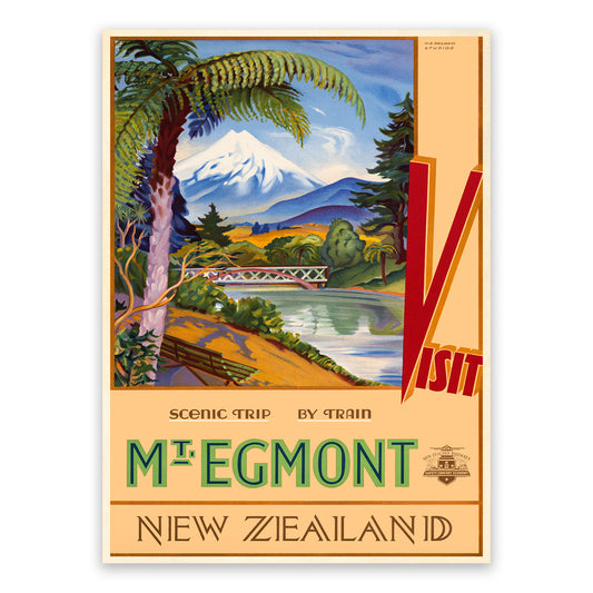 Mt Egmont New Zealand Travel Poster, Vintage Style 1930s Railroad Travel Advertisement Print