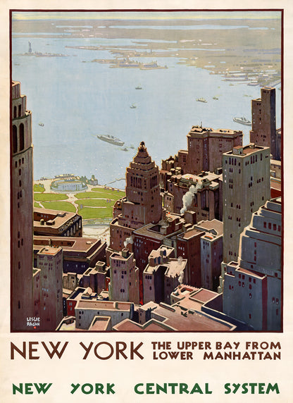 New York City Travel Poster, Vintage Style 1920s Upper Bay and Lower Manhattan Travel Advertisement Print