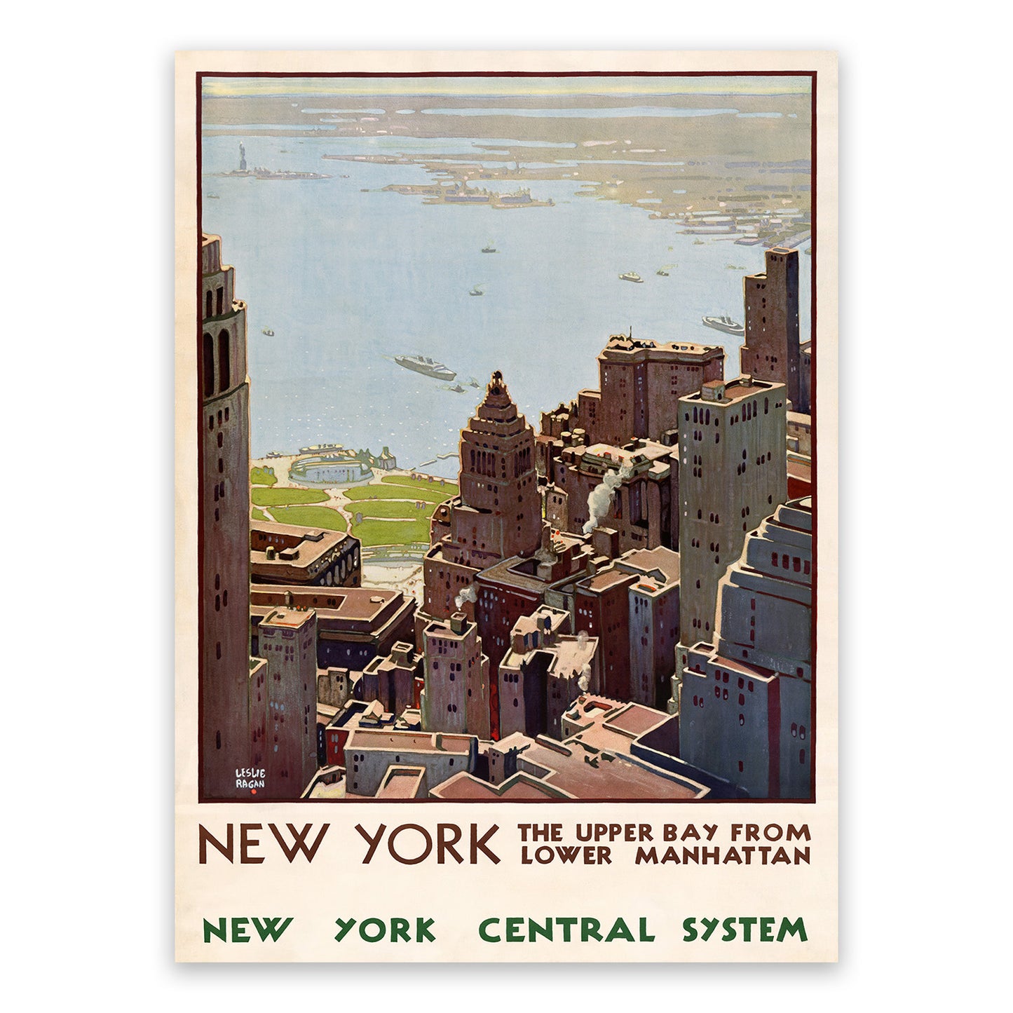 New York City Travel Poster, Vintage Style 1920s Upper Bay and Lower Manhattan Travel Advertisement Print