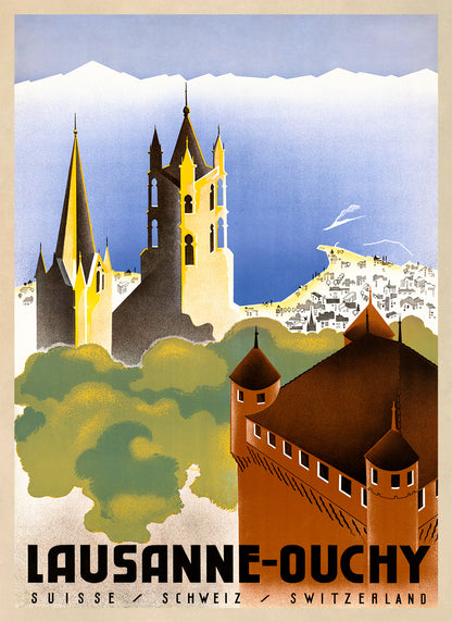 Ouchy Lausanne Switzerland Travel Poster, Vintage Style 1900s Swiss Travel Advertisement Print