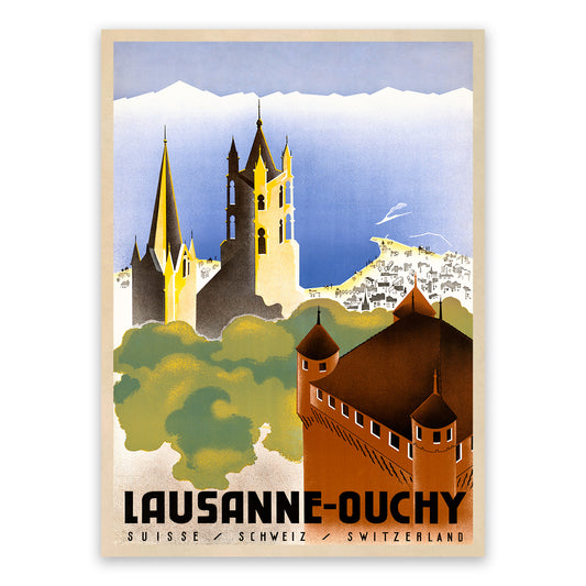 Ouchy Lausanne Switzerland Travel Poster, Vintage Style 1900s Swiss Travel Advertisement Print