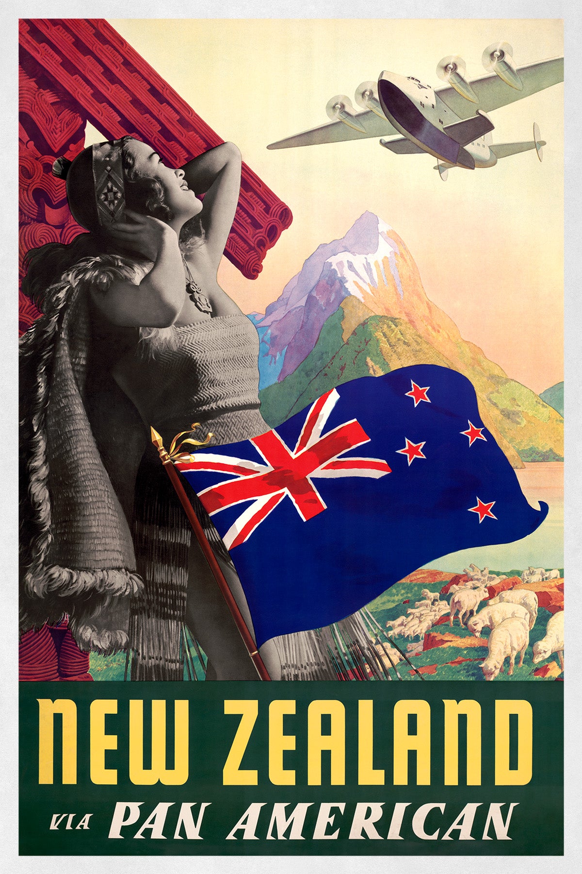 New Zealand Airline Travel Poster, Vintage Style 1940s Airplane Travel Advertisement Print