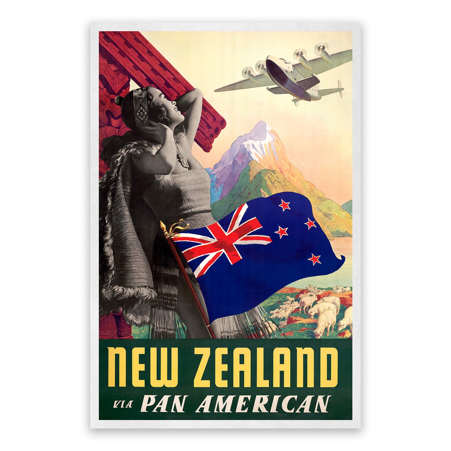 New Zealand Airline Travel Poster, Vintage Style 1940s Airplane Travel Advertisement Print