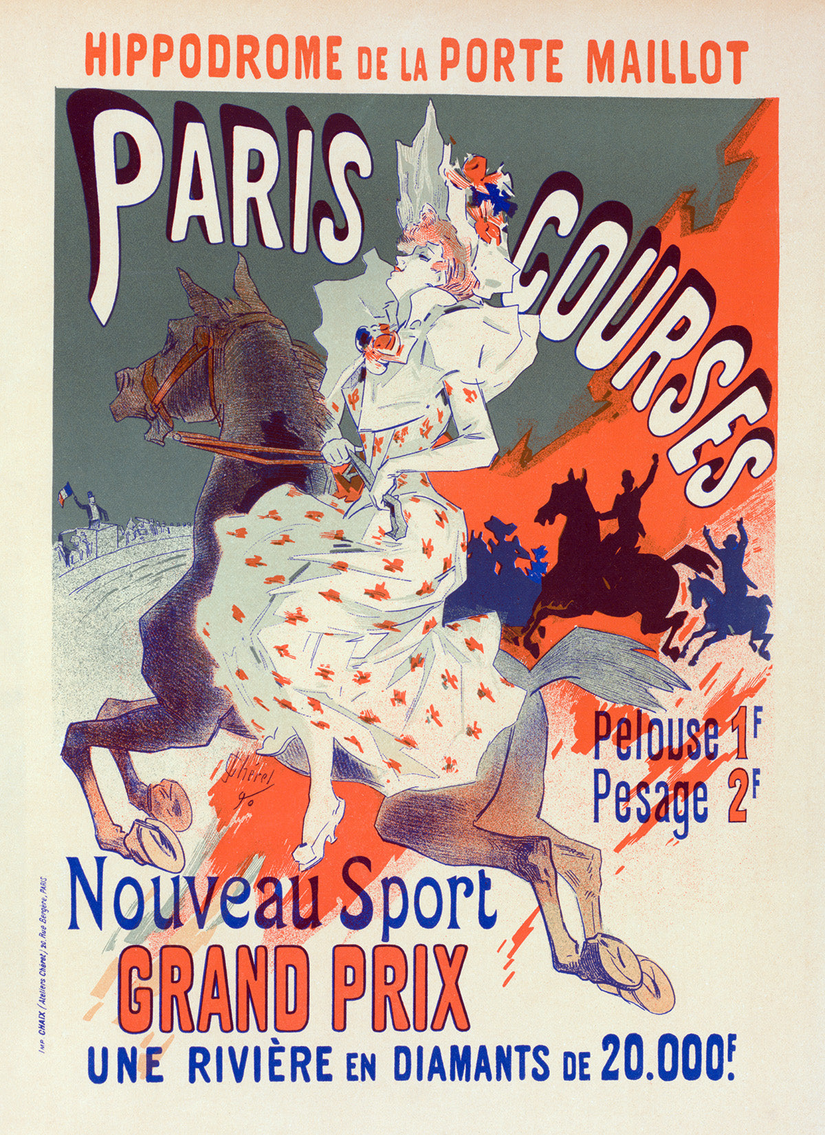 Paris Courses French Horse Race Advertisement Poster, Vintage Style Belle Epoque Jules Cheret Print