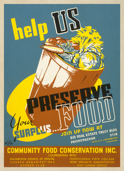 Preserve Food Patriotic WPA War Services Project Poster, Vintage Style 1940s Wartime Print