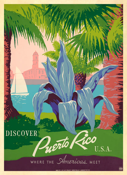 Discover Puerto Rice WPA Travel Poster, Vintage Style 1930s Work Progress Administration Travel Advertisement Print