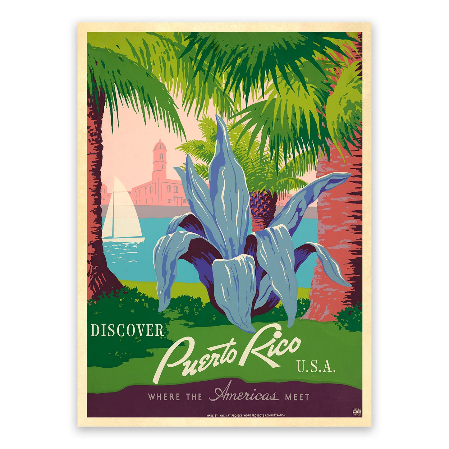 Discover Puerto Rice WPA Travel Poster, Vintage Style 1930s Work Progress Administration Travel Advertisement Print