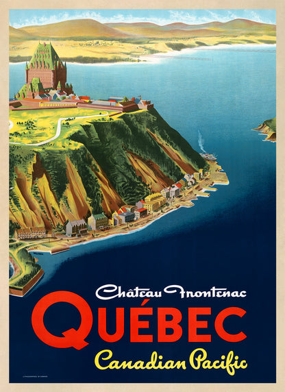 Quebec Canada Chateau Travel Poster, Vintage Style 1950s Canadian Travel Advertisement Print