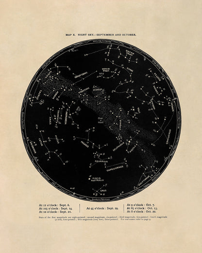 September October Constellation Map, Vintage Zodiac Star Chart RPA10