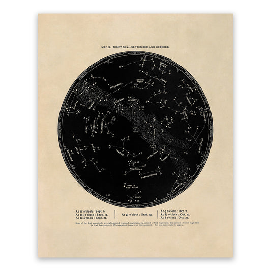 September October Constellation Map, Vintage Zodiac Star Chart RPA10