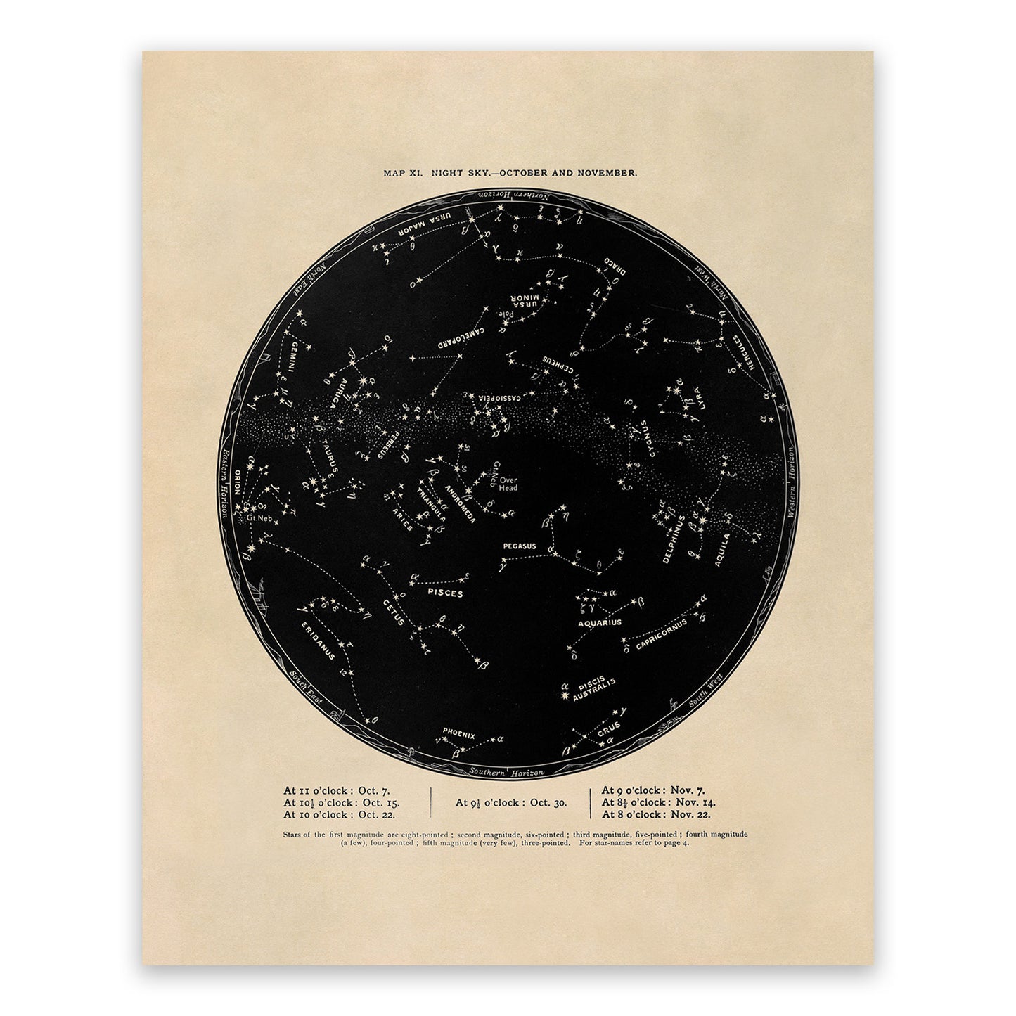 October November Constellation Map, Vintage Zodiac Star Chart RPA11