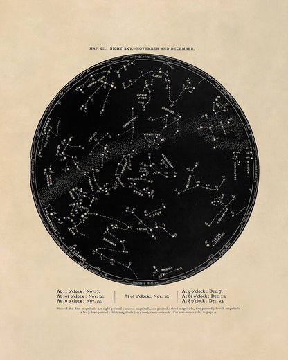 November December Constellation Map, Vintage Zodiac Star Chart RPA12