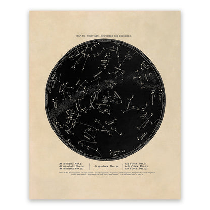 November December Constellation Map, Vintage Zodiac Star Chart RPA12