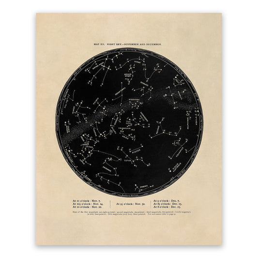 November December Constellation Map, Vintage Zodiac Star Chart RPA12