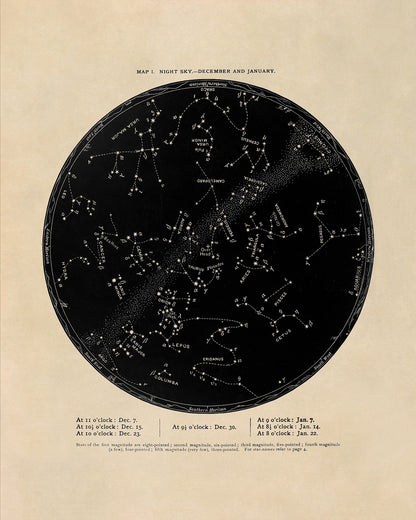 December January Constellation Map, Vintage Zodiac Star Chart RPA1