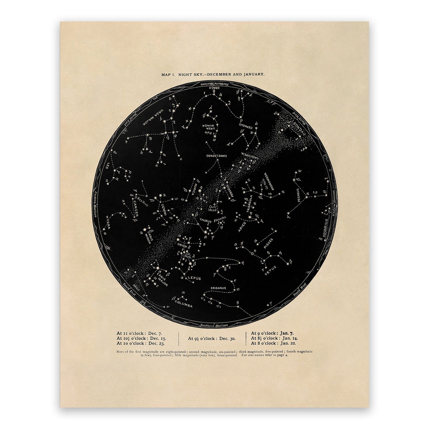 December January Constellation Map, Vintage Zodiac Star Chart RPA1