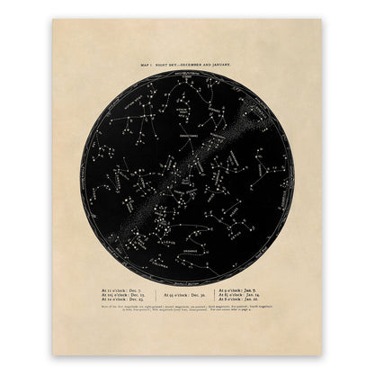 December January Constellation Map, Vintage Zodiac Star Chart RPA1