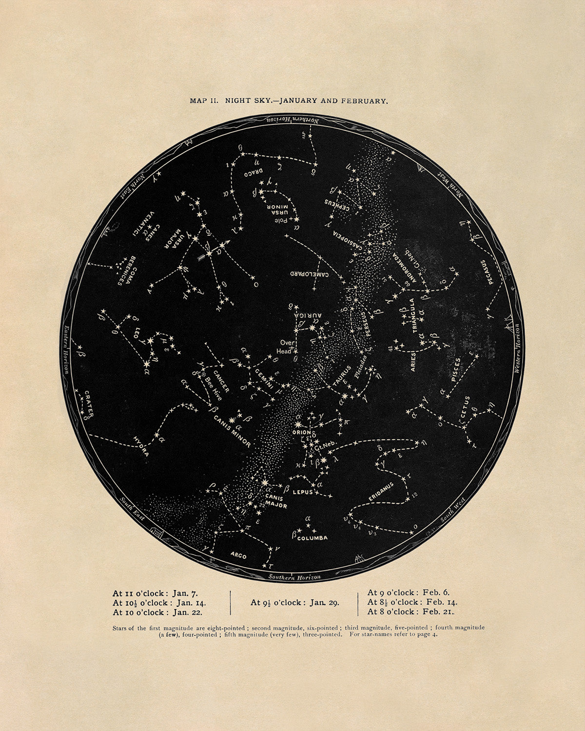 January February Constellation Map, Vintage Zodiac Star Chart RPA2