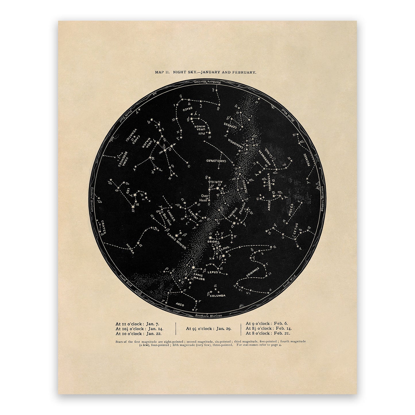 January February Constellation Map, Vintage Zodiac Star Chart RPA2