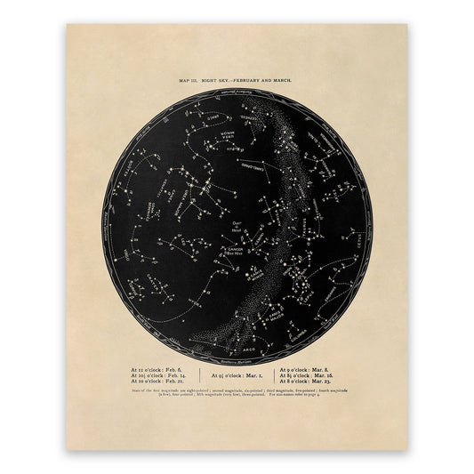 January March Constellation Map, Vintage Zodiac Star Chart RPA3