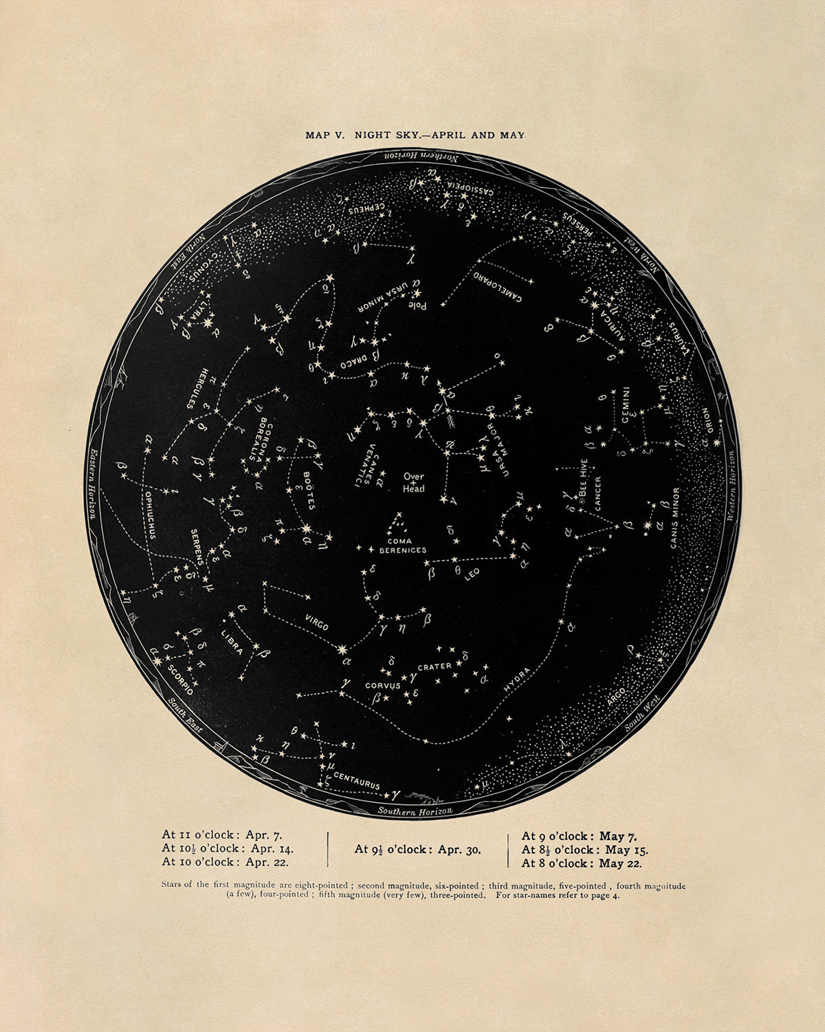 April May Constellation Map, Vintage Zodiac Star Chart RPA5