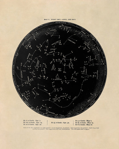 April May Constellation Map, Vintage Zodiac Star Chart RPA5