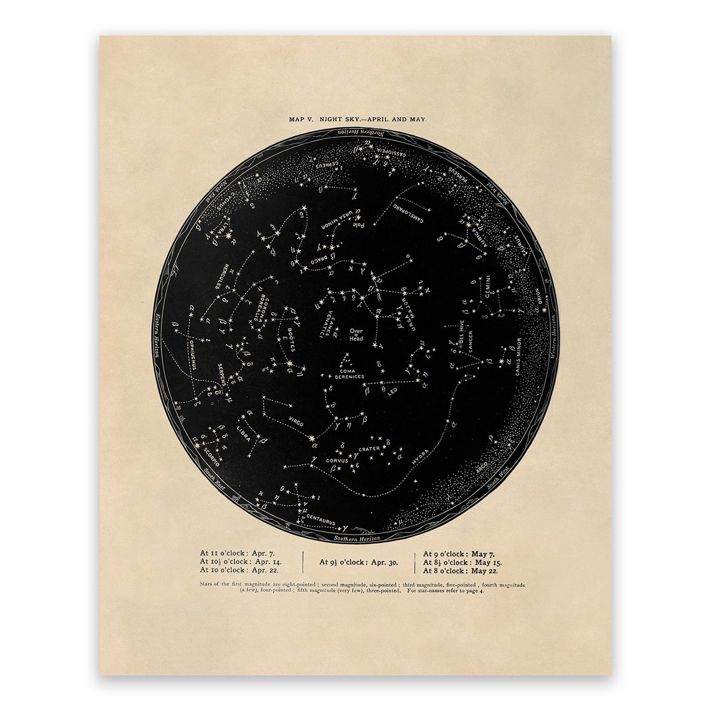 April May Constellation Map, Vintage Zodiac Star Chart RPA5