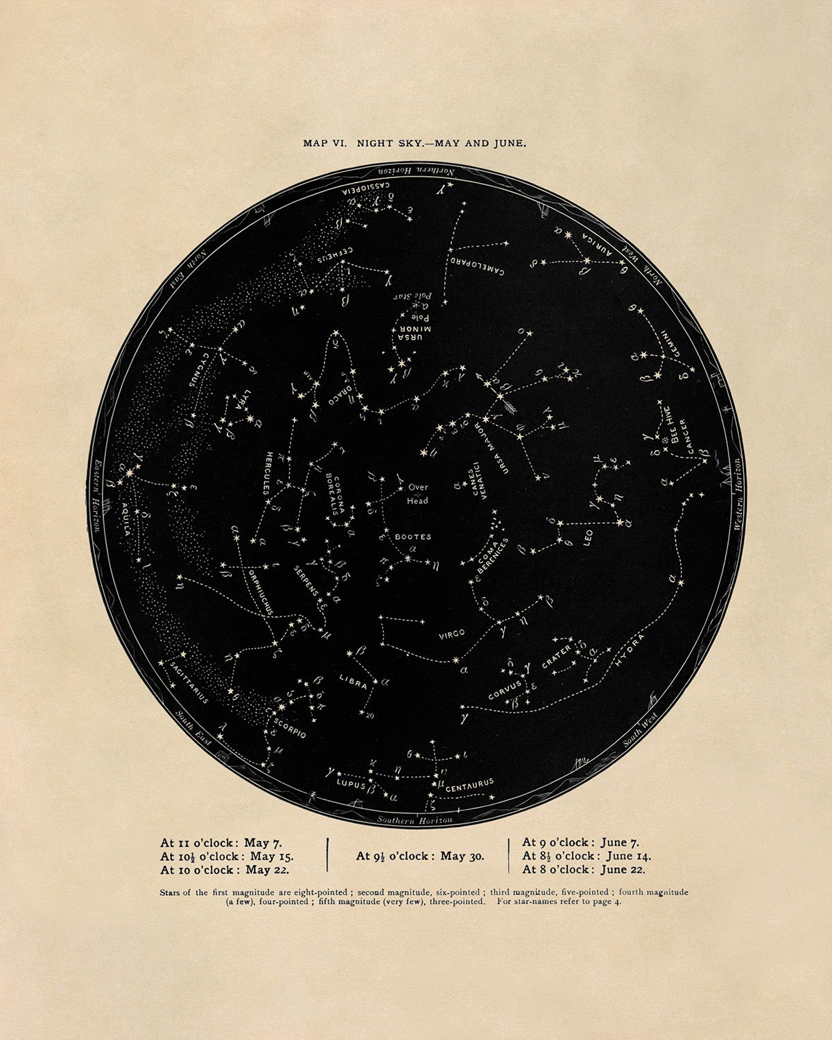 May June Constellation Map, Vintage Zodiac Star Chart RPA6