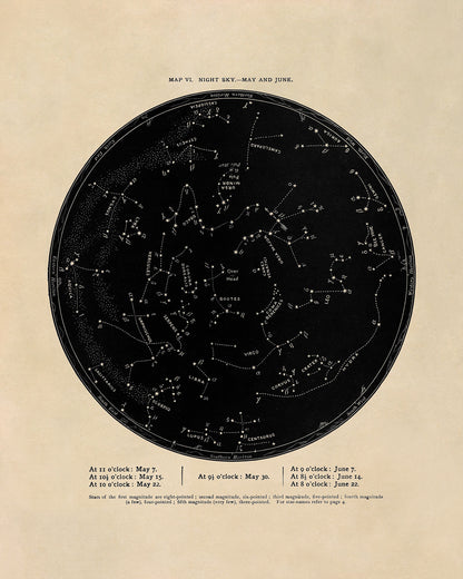 May June Constellation Map, Vintage Zodiac Star Chart RPA6