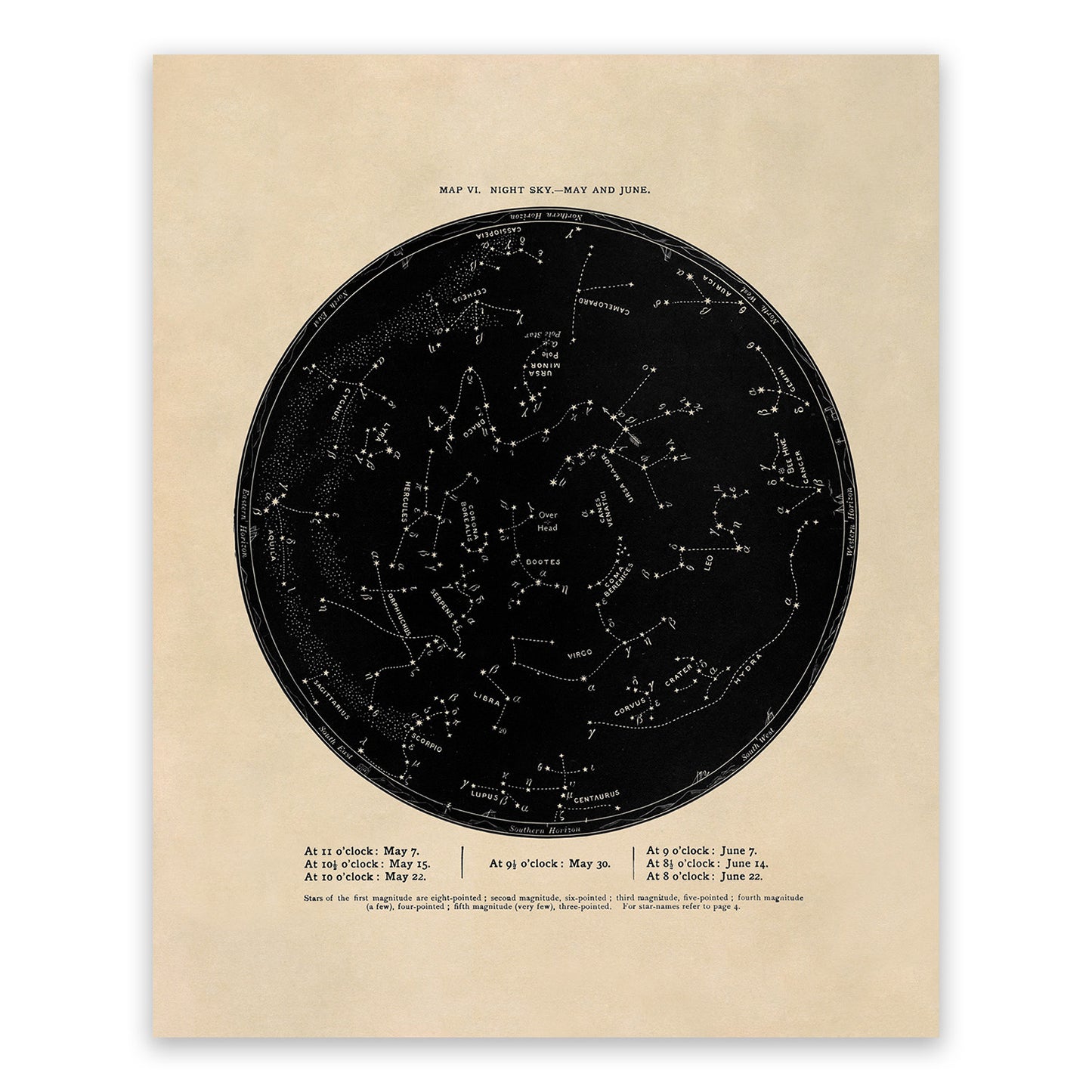 May June Constellation Map, Vintage Zodiac Star Chart RPA6