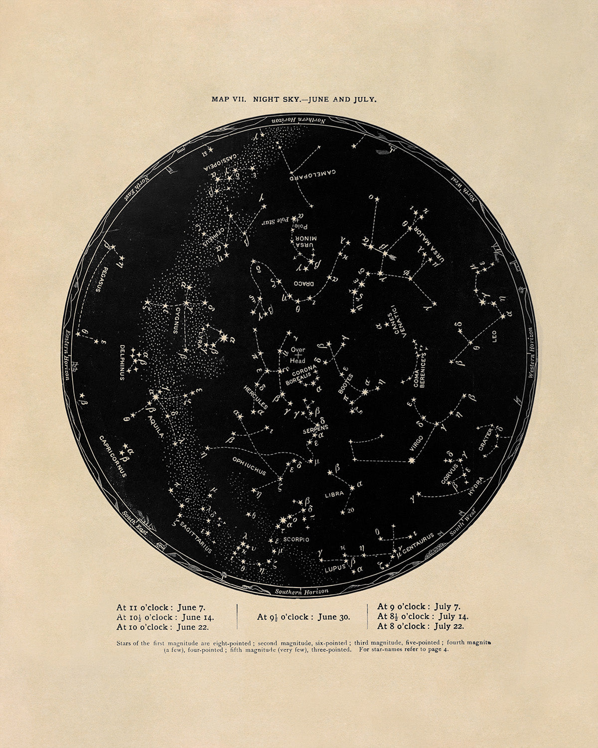 June July Constellation Map, Vintage Zodiac Star Chart RPA7