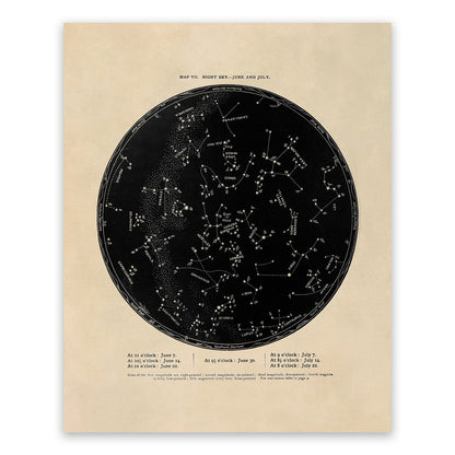 June July Constellation Map, Vintage Zodiac Star Chart RPA7