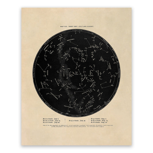 July August Constellation Map, Vintage Zodiac Star Chart RPA8